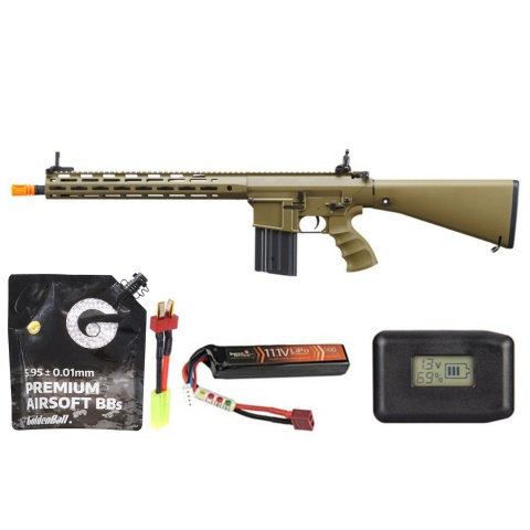Golden Eagle Airsoft SR-25K W/ URX4 M-LOK Handguard & Full Stock - Battery/Adapter/Charger Combo - Tan