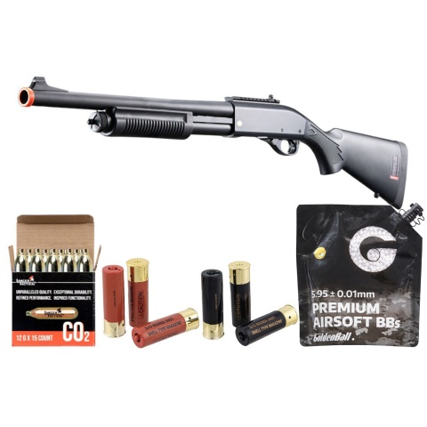 Golden Eagle M8870 3/6-Shot Pump Action CO2 Airsoft Shotgun w/ Ghost Ring Iron Sights - Shell/CO2 Combo - (Black)