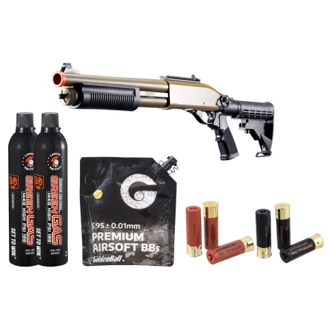Golden Eagle M8871 3/6-Shot Pump Action Gas Airsoft Shotgun w/ Ghost Ring Iron Sights & M4 Crane Stock Shell/Green Gas Combo - (Tan)