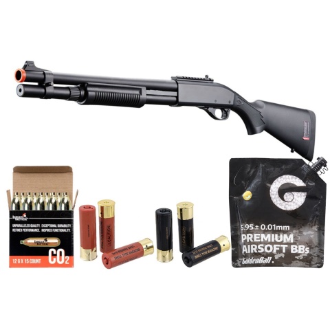 Golden Eagle M870 3/6-Shot Pump Action CO2 Airsoft Shotgun w/ Mock Shell Tube & Ghost Ring Iron Sights - Shell/CO2 Combo - (Black)