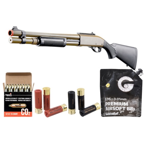 Golden Eagle M870 3/6-Shot Pump Action CO2 Airsoft Shotgun w/ Mock Shell Tube & Ghost Ring Iron Sights - Shell/CO2 Combo - (Tan)