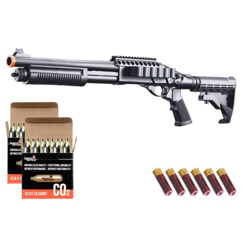 Golden Eagle M8873 3/6-shot Pump Action Co2 Airsoft Shotgun W/ Optic Rail & M4 Crane Stock - CO2/Shell Combo - (Black)
