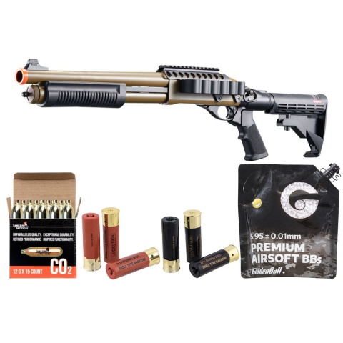 Golden Eagle M8873 3/6-Shot Pump Action CO2 Airsoft Shotgun w/ Optic Rail & M4 Crane Stock - Shell/CO2 Combo - (Tan)