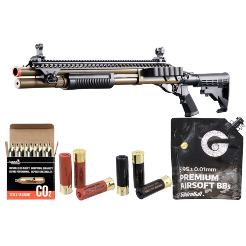 Golden Eagle M8874 3/6-Shot Pump Action CO2 Airsoft Shotgun w/ Flip Up Sights, Picatinny Rail & M4 Crane Stock - Shell/CO2 Combo - (Tan)