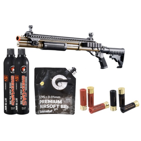 Golden Eagle M8874 3/6-Shot Pump Action Gas Airsoft Shotgun w/ Flip Up Sights, Picatinny Rail & M4 Crane Stock - Shell/Green Gas Combo - (Tan)