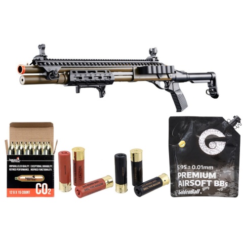 Golden Eagle M8875 3/6-Shot Pump Action CO2 Airsoft Shotgun w/ Flip Up Sights, M-LOK, Picatinny Rail & M4 Buffer Stock - Shell/CO2 Combo - (Tan)