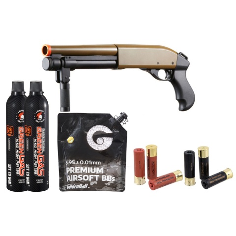 Golden Eagle M8876 3/6-Shot Pump Action Gas Airsoft Sawed-Off Shotgun w/ Forend Handle Shell/Green Gas Combo - (Tan)