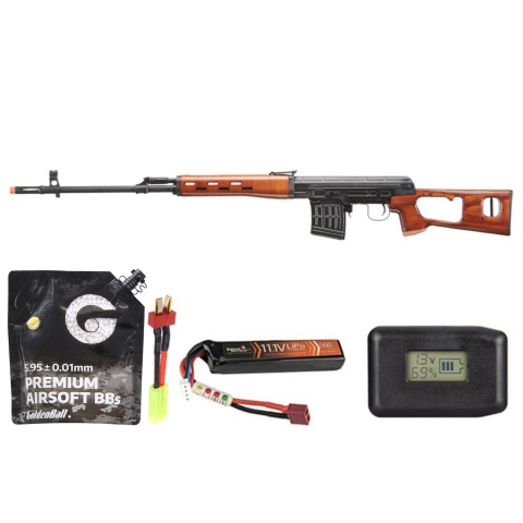 LCT SVD Dragunov Electric Airsoft Sniper Rifle W/ Real Wood Furniture - Battery/Adapter/Charger Combo - (Wood)