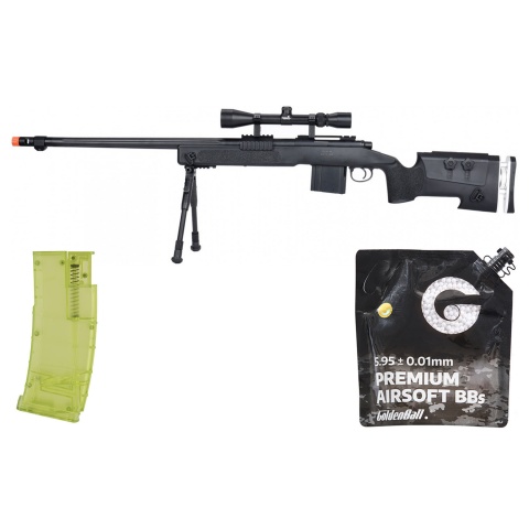 WellFire MB4417 M40A3 Bolt Action Airsoft Sniper Rifle w/ Scope & Bipod - (Black) - BB/Sniper Bundle